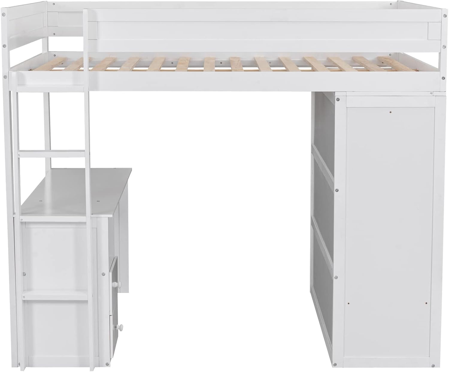 White Full Loft Bed with Wardrobe and Desk and Storage Drawers A918