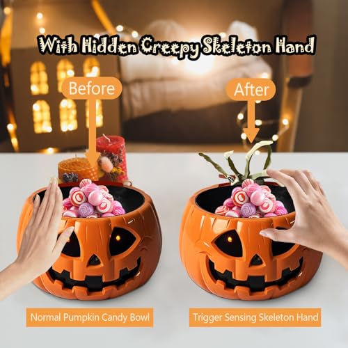 Halloween Candy Bowl with Moving Skull Hand and Glowing Red Eyes Q930983