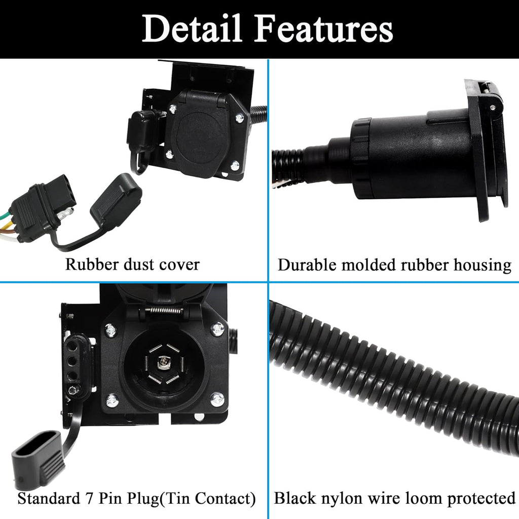 4-Way Flat to 7-Way Round Blade Trailer Wiring Harness Adapter with Mounting Bracket Black G4708