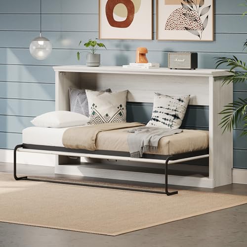Twin Size Murphy Bed with Storage Bookshelf and USB Charging Station, Folding into a Cabinet, Rustic White H7798