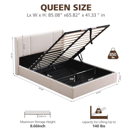 Queen Size Upholstered Storage Bed with Hydraulic Support Bars, White F113528