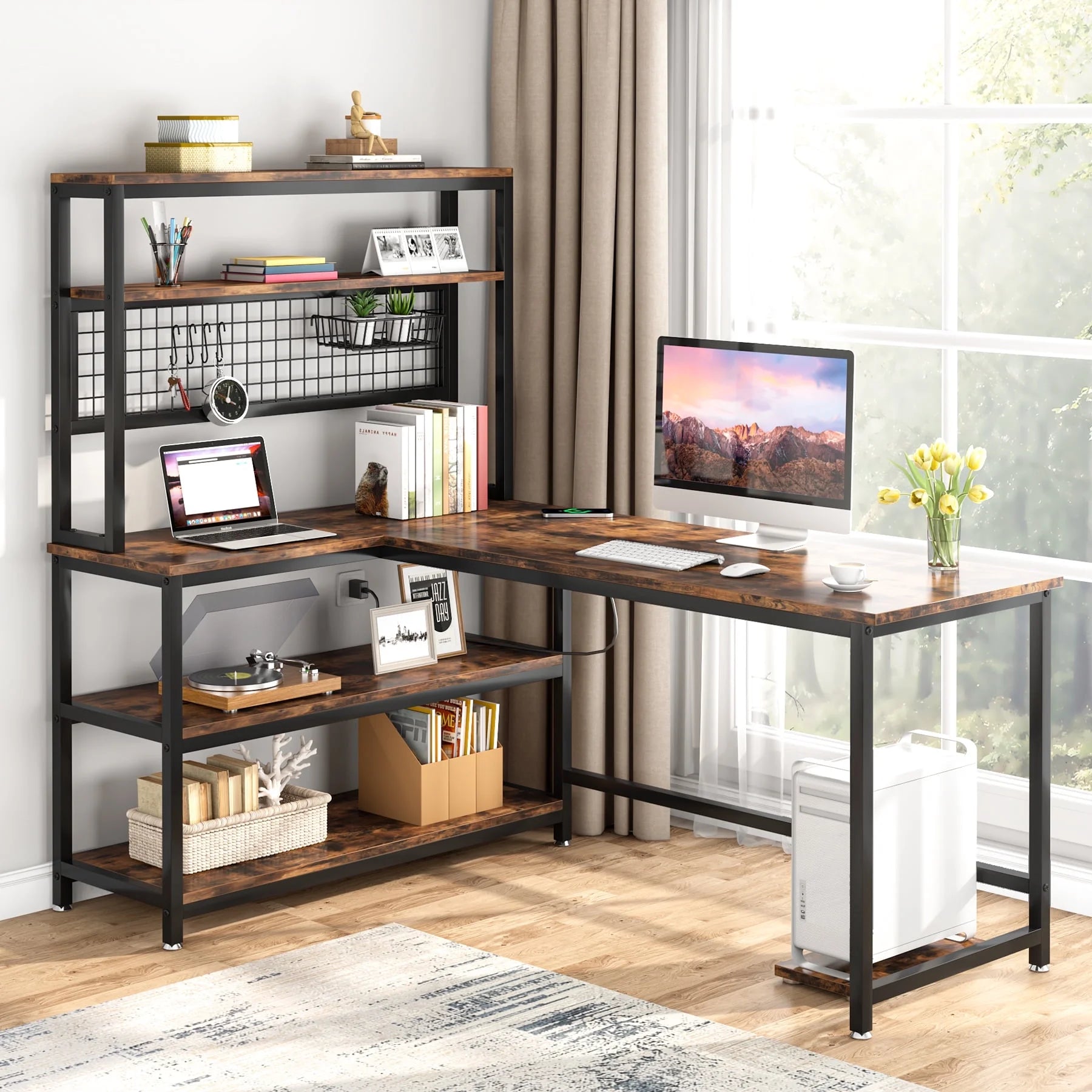 55" Computer Desk with Hutch & Bookshelf (Brown) A8107
