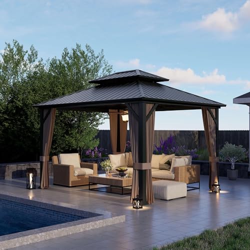 10'x12' Hardtop Gazebo with Privacy Curtains and Netting Q3105
