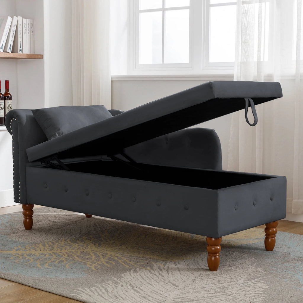 Black Velvet Chaise Lounge with Storage and Pillow C655