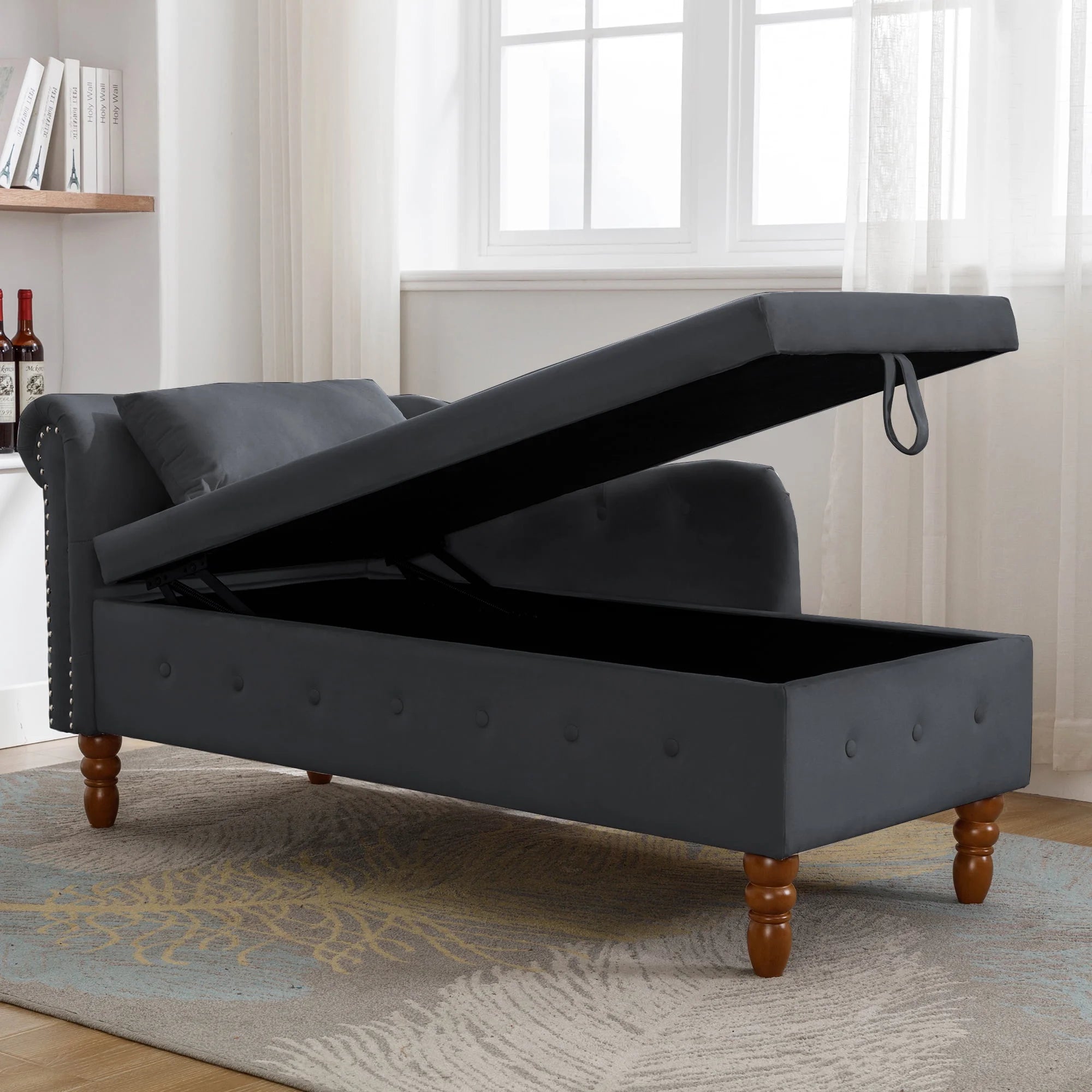 Black Velvet Chaise Lounge with Storage and Pillow C655