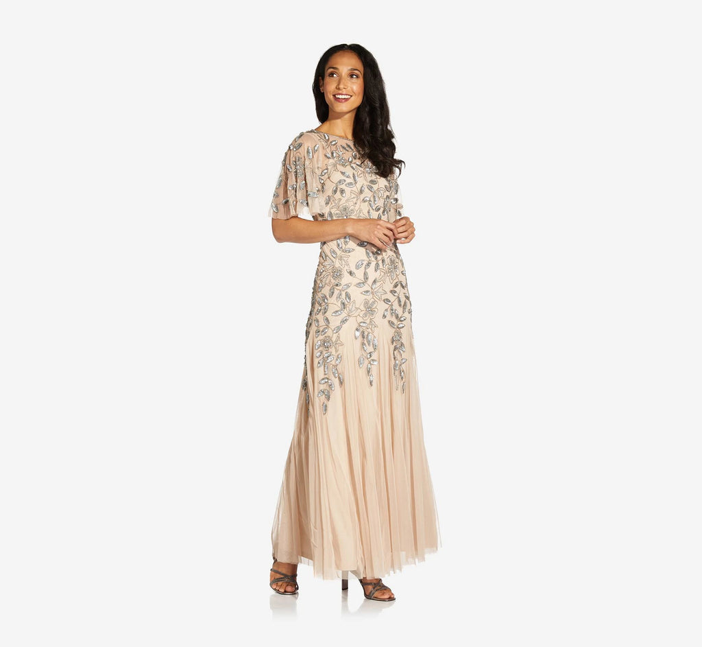 Long Floral Beaded Gown with Flutter Sleeves, Beige F6400