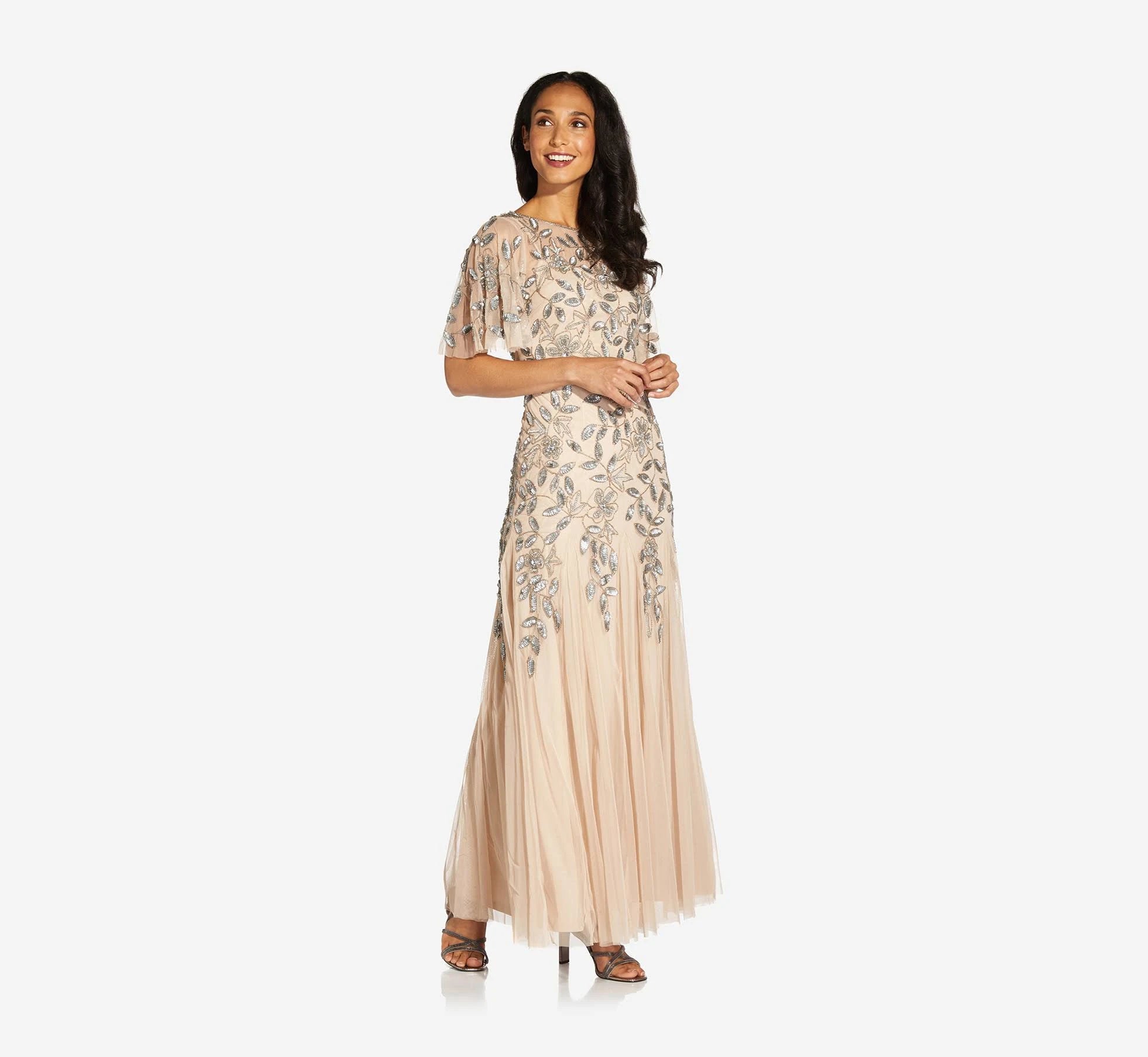 Long Floral Beaded Gown with Flutter Sleeves, Beige F6400