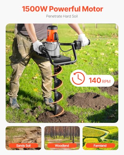 5.71 in 1500W 140 RPM Alloy Steel Earth Auger Drill Bit with Extension Rod Z544