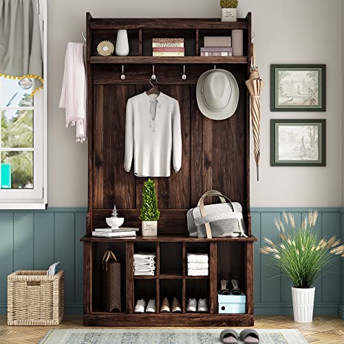 Hall Tree with Storage Bench, 6 Hooks, 3-in-1 Design T975566