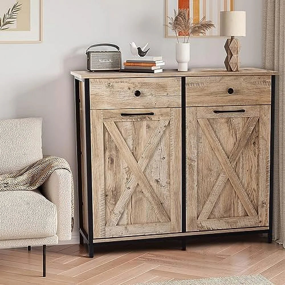 Double Barn Door Style Trash Cabinet with Solid Hideaway Drawer U63316