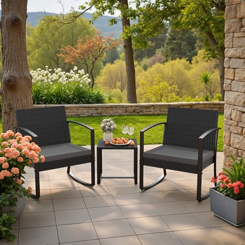 Black 3 Piece Resin Outdoor Bistro Set with Cushions and Table I727