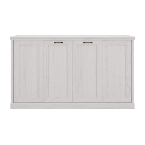 Twin Size Murphy Bed with Storage Bookshelf and USB Charging Station, Folding into a Cabinet, Rustic White H7798