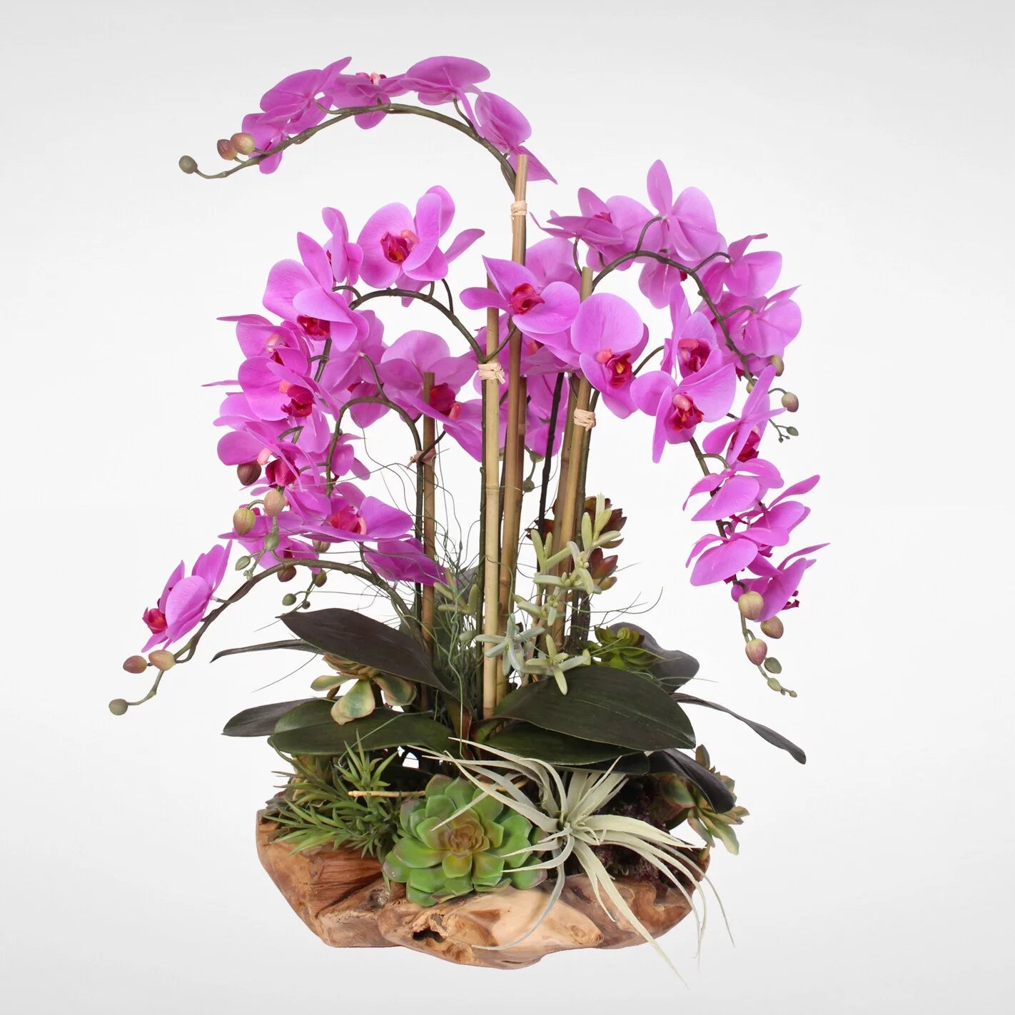 Real Touch 7-stems Silk Orchids in Natural Wood Bowl D8009