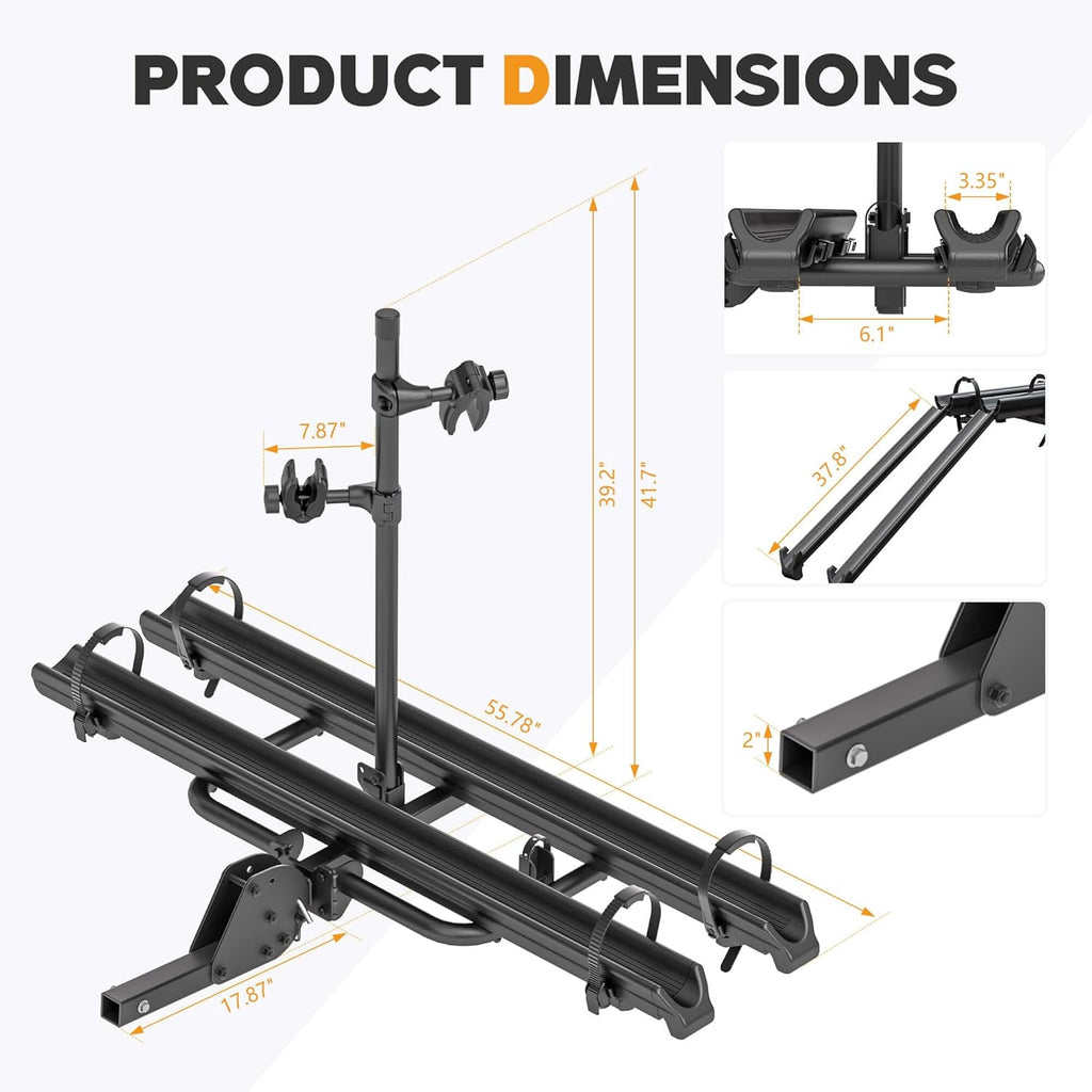 2'' Hitch Mounted Lockable Bike Rack with Ramp, 200lbs Capacity Foldable Platform B2537