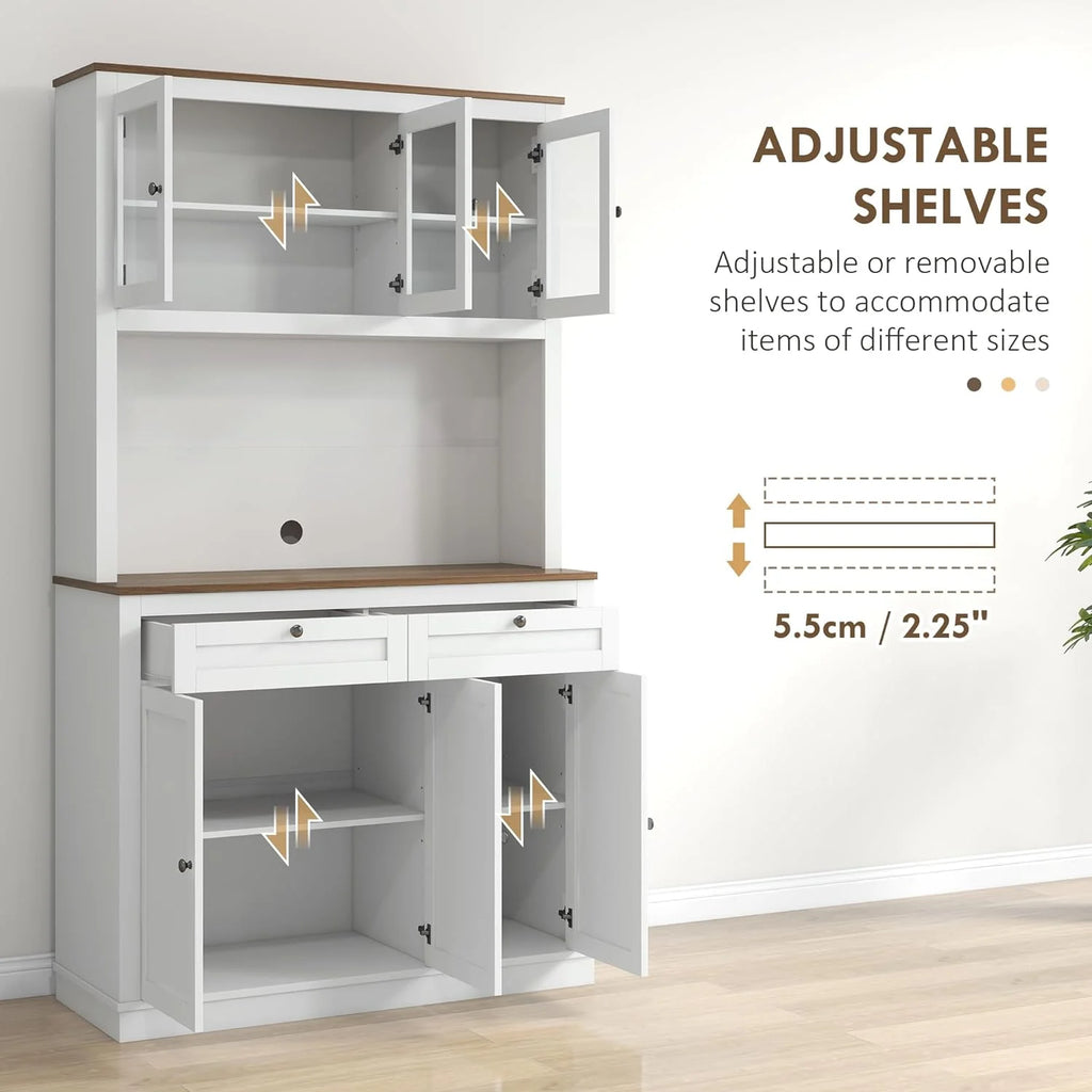 White Tall Kitchen Pantry Storage Cabinet with Microwave Stand, 2 Drawers, 5 Doors, Adjustable Shelves and Glass Doors P311449