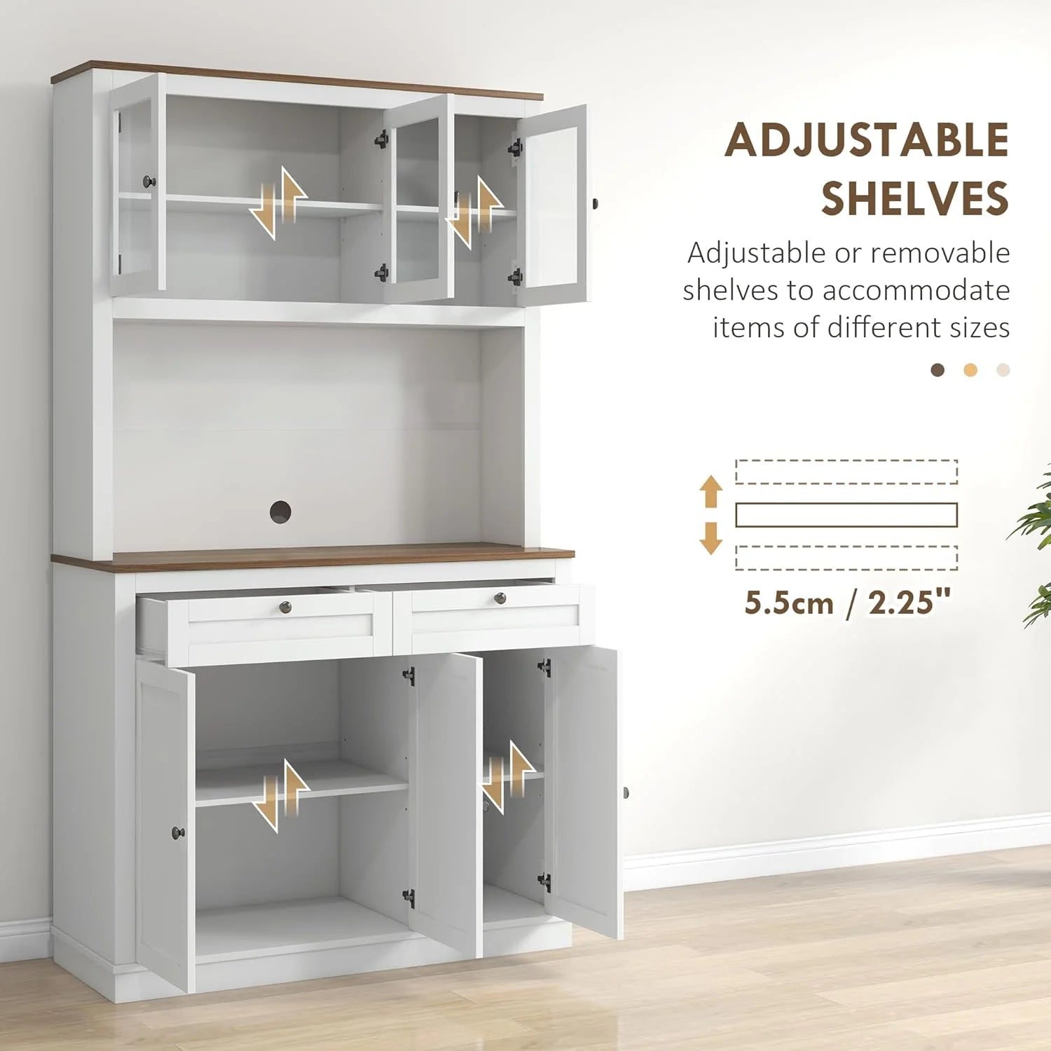 White Tall Kitchen Pantry Storage Cabinet with Microwave Stand, 2 Drawers, 5 Doors, Adjustable Shelves and Glass Doors P311449