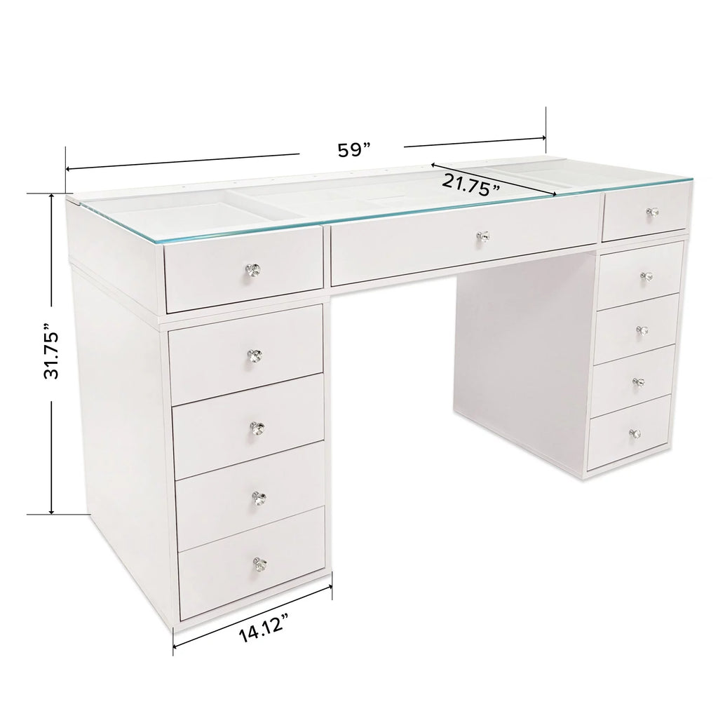 White 10 Drawer Vanity Desk with Glass Tabletop I19889