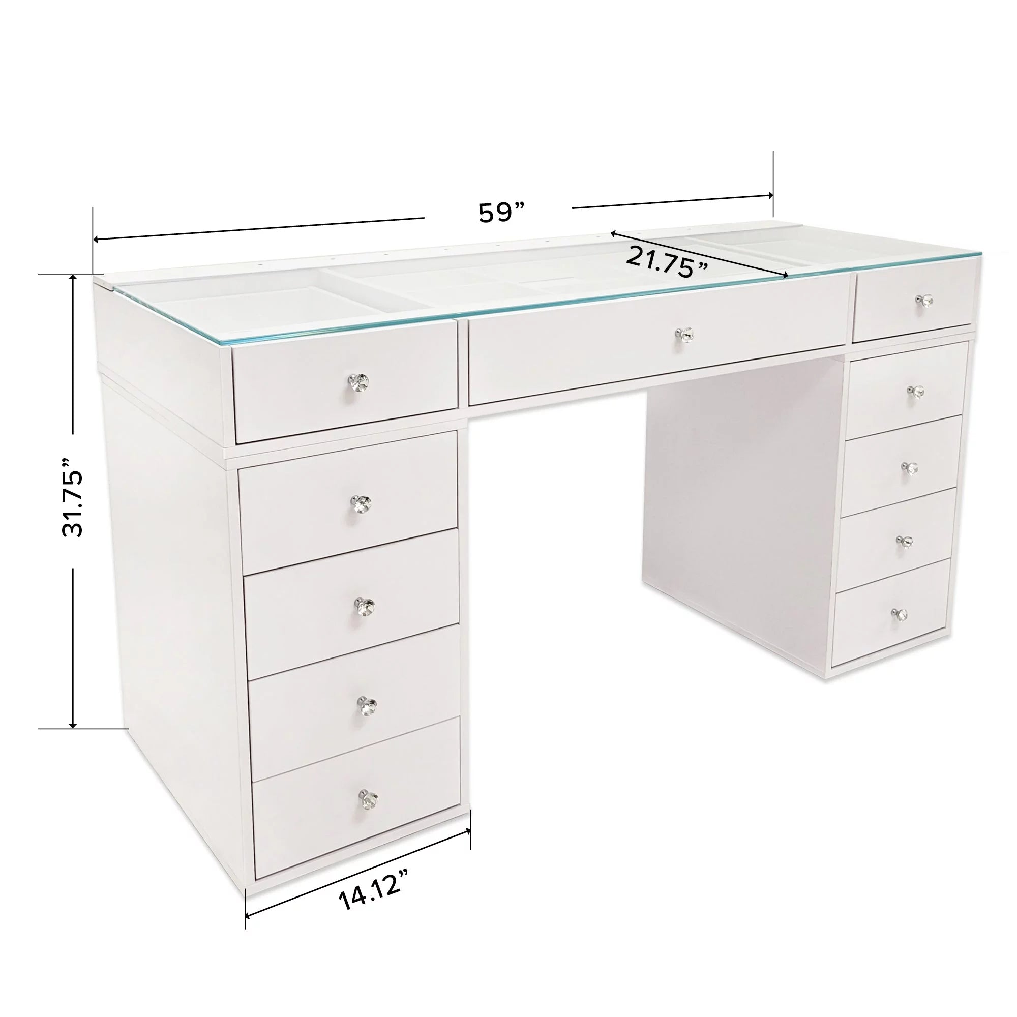 White 10 Drawer Vanity Desk with Glass Tabletop I19889