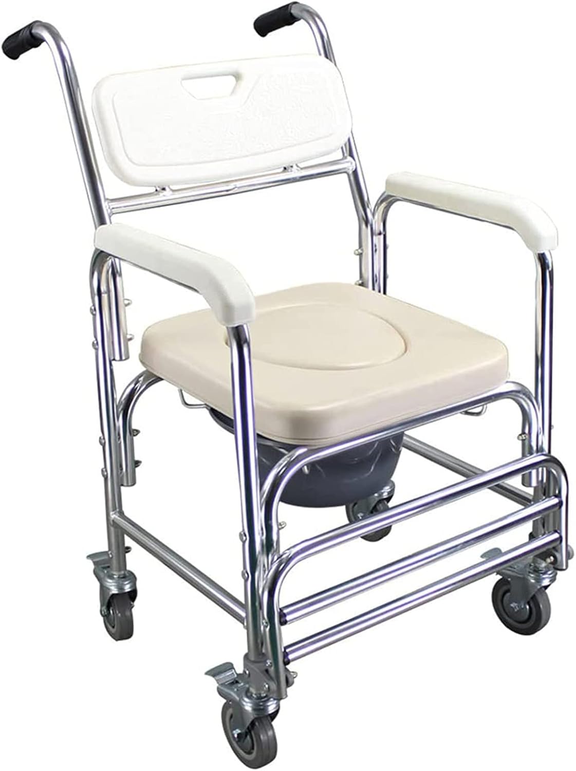 Shower Commode Chair with Wheels, 3 in 1 Shower Wheelchair with Anti Skid Arms 4 Locking Casters Detachable Bucket Shower Chair J85147