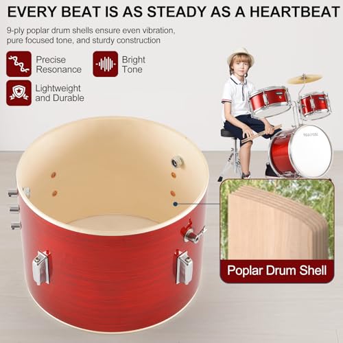 3 Piece Kids Drum Set with 14'' Bass Drum, Snare, Tom, Cymbal, Pedal, Drumsticks, Adjustable Seat M25699