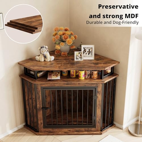 Rustic Brown Corner Wooden Dog Crate with 2-Tier Shelves A389397