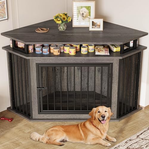 Rustic Brown Corner Wooden Dog Crate with 2-Tier Shelves A389397