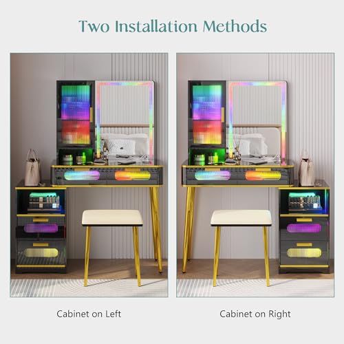 Black LED Vanity Desk with Mirror and Lights and Charging Station O28295