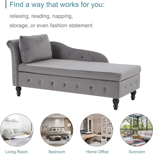 Dark Gray Velvet Chaise Lounge with Lumbar Pillow U2861