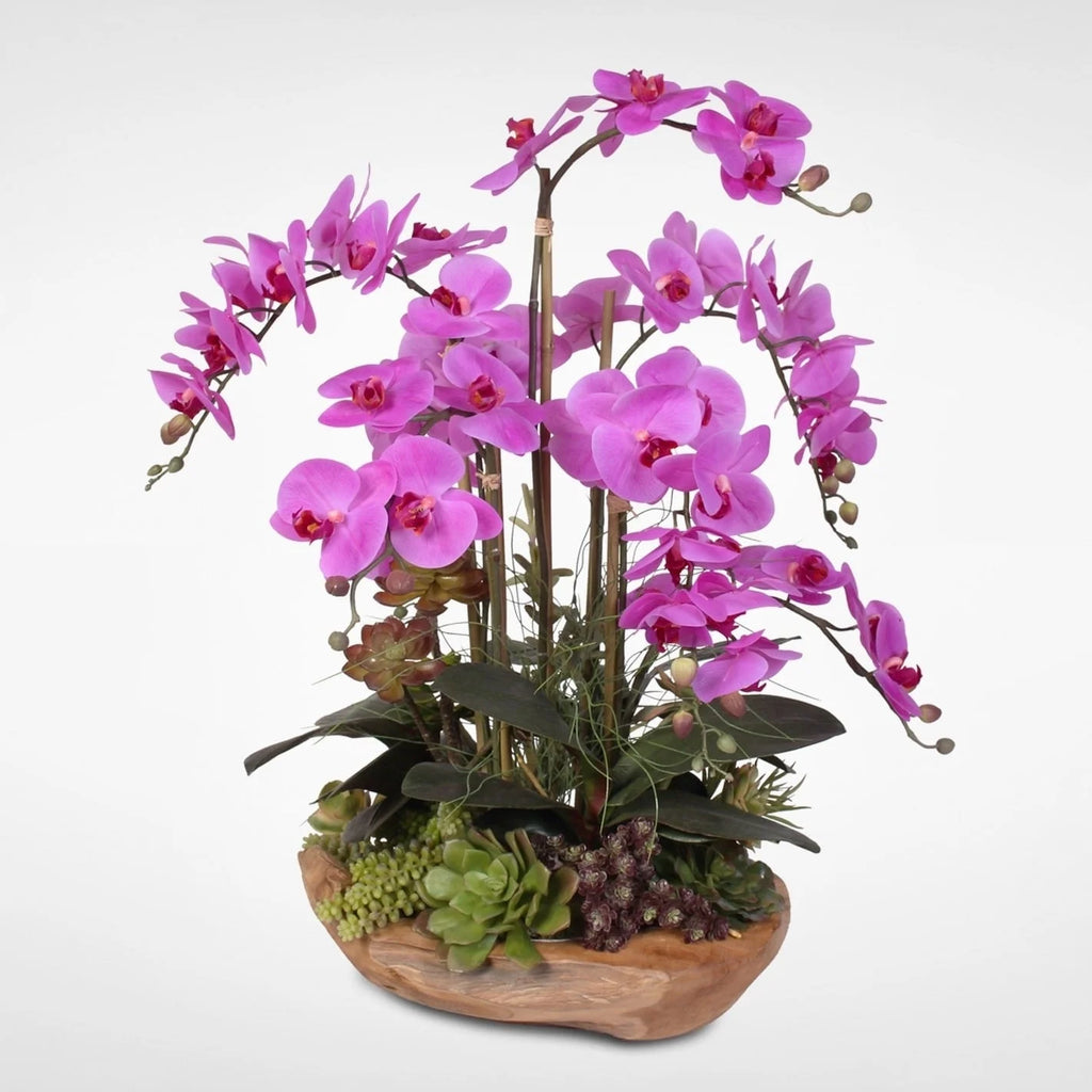 Real Touch 7-stems Silk Orchids in Natural Wood Bowl D8009