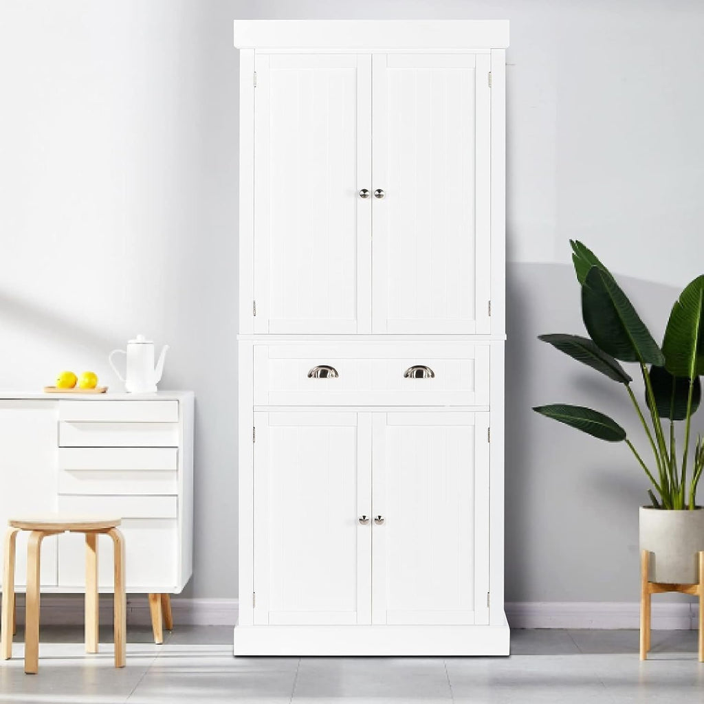 White 72" Tall Wood Pantry Cabinet with Doors and Shelves J689920