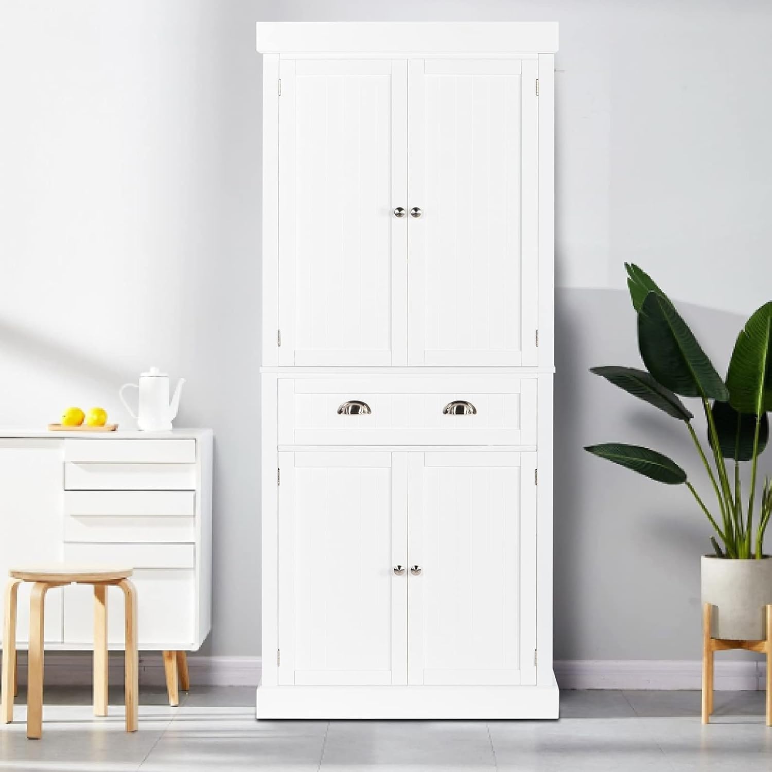 White 72" Tall Wood Pantry Cabinet with Doors and Shelves J689920