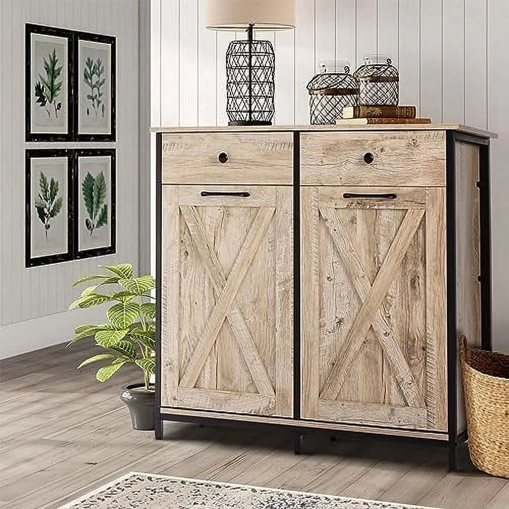 Double Barn Door Style Trash Cabinet with Solid Hideaway Drawer U63316