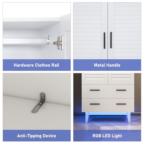 White 3 Door Armoire Wardrobe with Drawers and LED Lights K341
