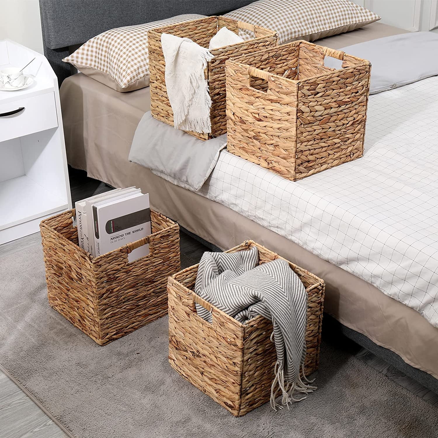 Set of 4 Handwoven Water Hyacinth Wicker Cube Baskets X484