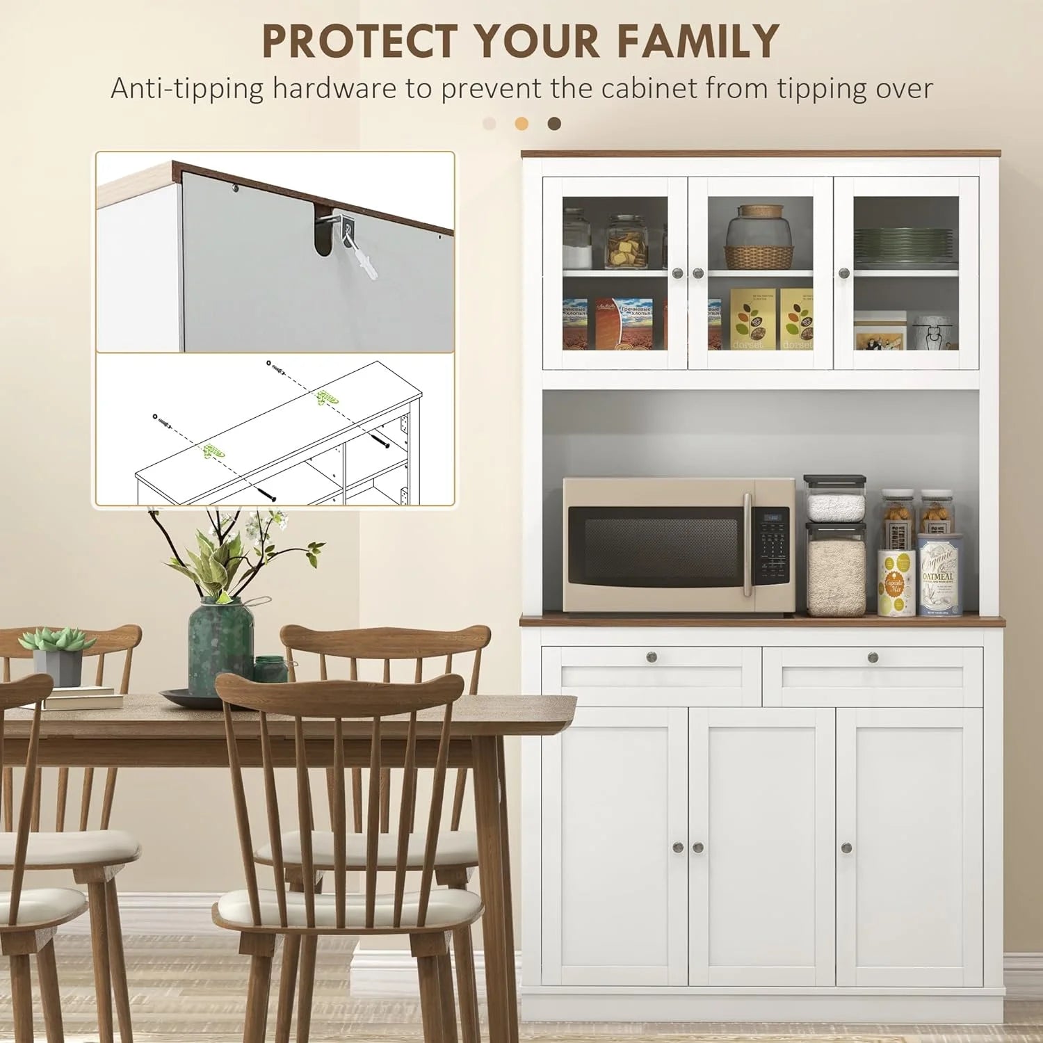 White Tall Kitchen Pantry Storage Cabinet with Microwave Stand, 2 Drawers, 5 Doors, Adjustable Shelves and Glass Doors P311449