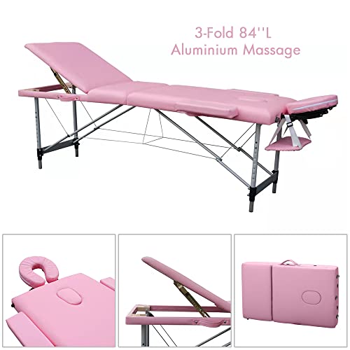 Pink 84in 3 Folding Aluminum Frame Portable Massage Bed I953