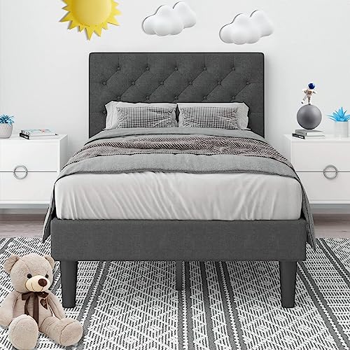 Grey Twin Size Upholstered Platform Bed Frame with Headboard F7953