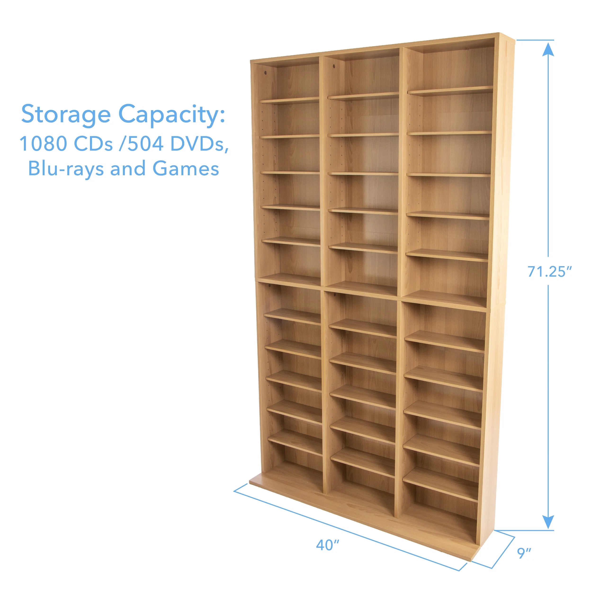 40"x71" Adjustable Wood Media Storage Shelf Bookcase L751