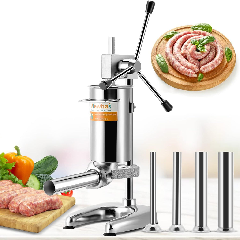 Manual Sausage Stuffer Stainless Steel Vertical Sausage Maker with 4 Sausage Tubes Meat Filler (2L) I449