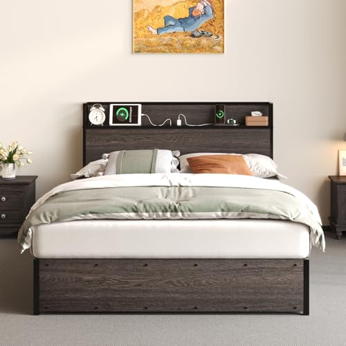 Full Size Wooden Platform Bed Frame with Storage Headboard W179194