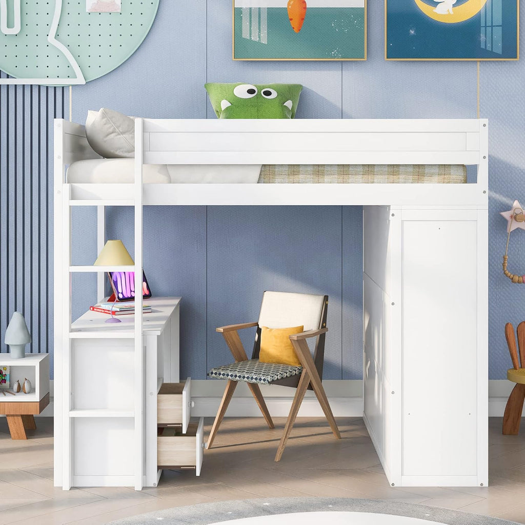 White Full Loft Bed with Wardrobe and Desk and Storage Drawers A918
