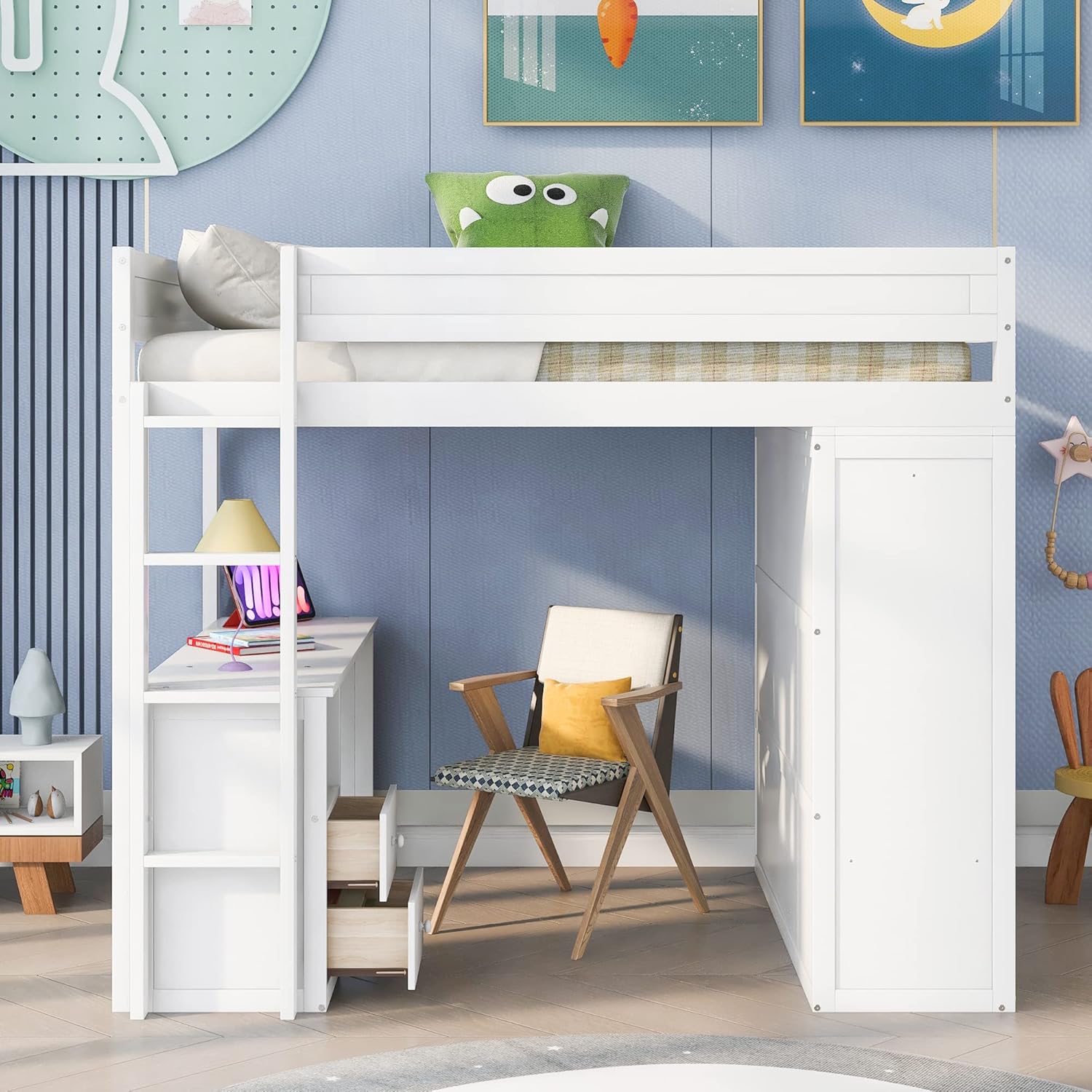 White Full Loft Bed with Wardrobe and Desk and Storage Drawers A918