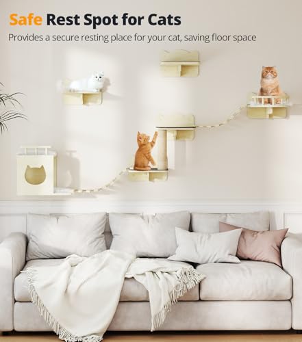 Cat Wall Shelves Set of 5 Wooden Shelves with Scratching Post H9199