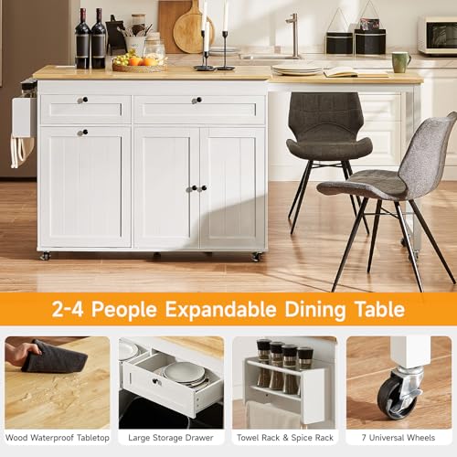 White Mobile Kitchen Island with Extendable Dining Table W872829