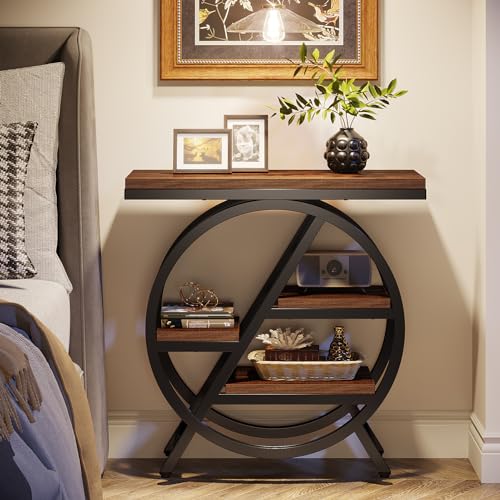 3-Tier Narrow Wood Side Table with Geometric Metal Frame K5110