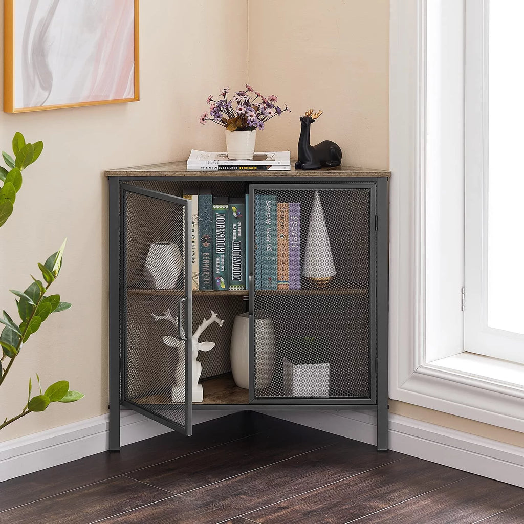 Brown and Black Corner Cabinet with Two Doors and Shelves Y65455