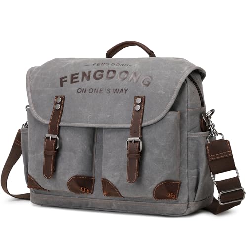 Mens 15.6 Inch Waxed Canvas Genuine Leather Briefcase Shoulder Bag Black Gray K3970