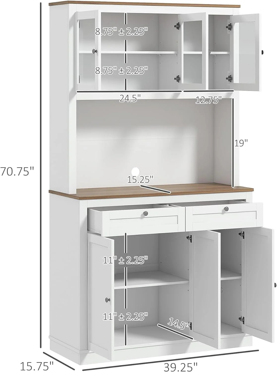 White Tall Kitchen Pantry Storage Cabinet with Microwave Stand, 2 Drawers, 5 Doors, Adjustable Shelves and Glass Doors P311449