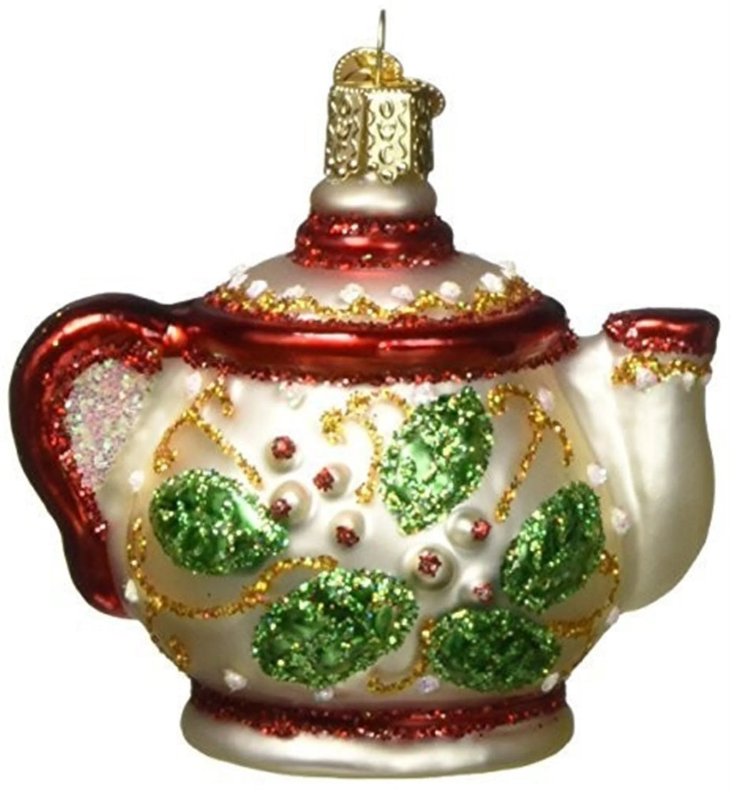 Glass Blown Christmas Ornament, Holly Teapot Y163109