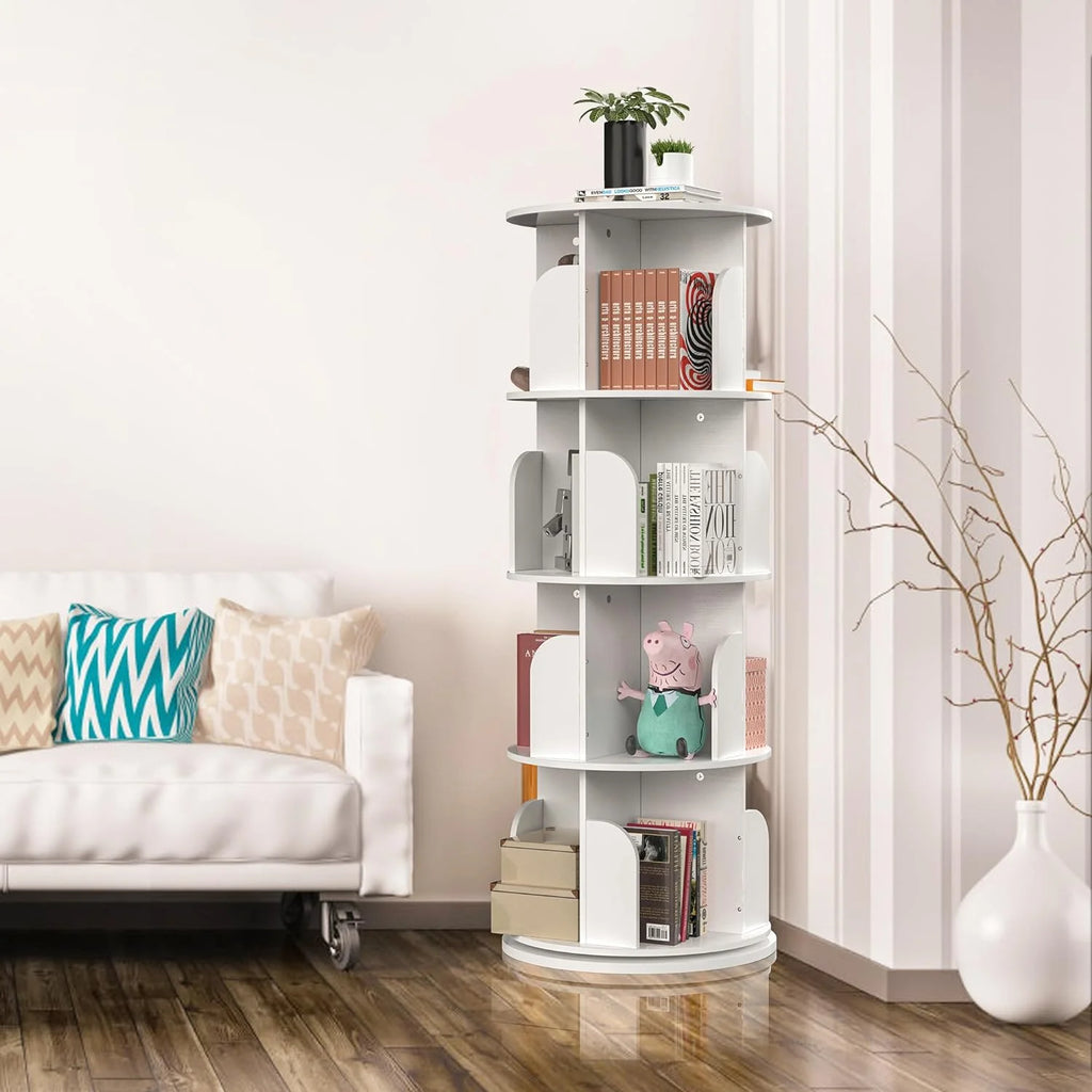 White 4 Tier Rotating Bookshelf E51409